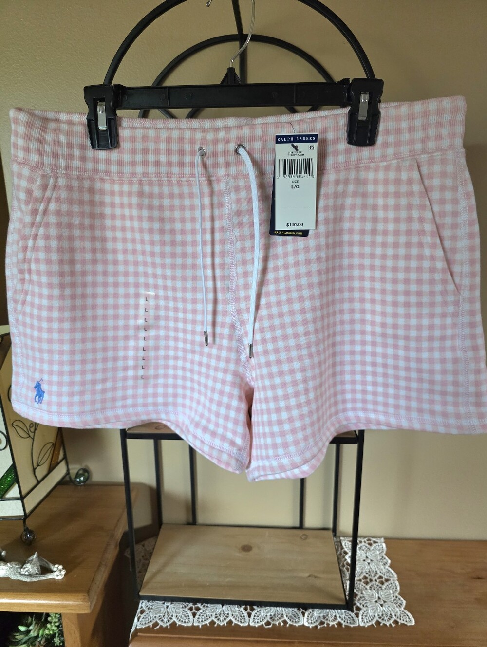 🆕️ POLO Ralph Lauren Pink Gingham Sot-Athletic Drawstring Shorts Size L